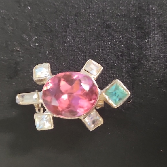 Jewelry - Vintage Turtle Brooch Pink Rhinestone Center Gold Tone Multicolor Turtle Pin